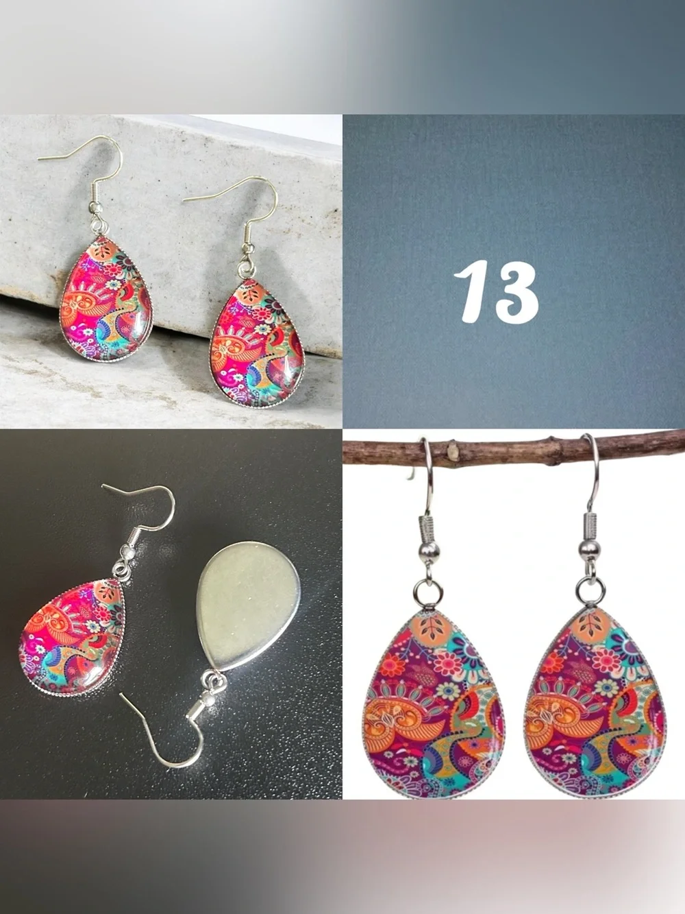 Glass Dome Teardrop Dangle Earrings Floral & Abstract Watercolor Cabochon Design